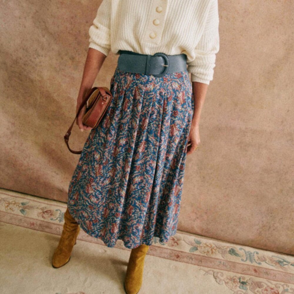 NWT Sezane Jupe Alicia Midi Skirt in Ranch Marine - Women's 34 / US2